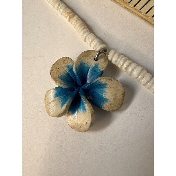 Vintage Shell & Bead Necklace With Hand-Painted Blue Floral Pendant - Picture 9 of 16